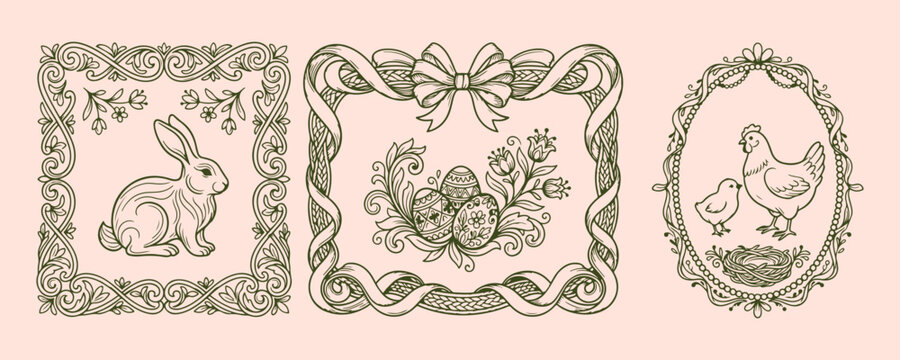 Decorative easter egg frames, festive holiday pattern set, spring season border collection, detailed egg doodle dividers, traditional easter stationery elements, ornate holiday frame designs, hand dra