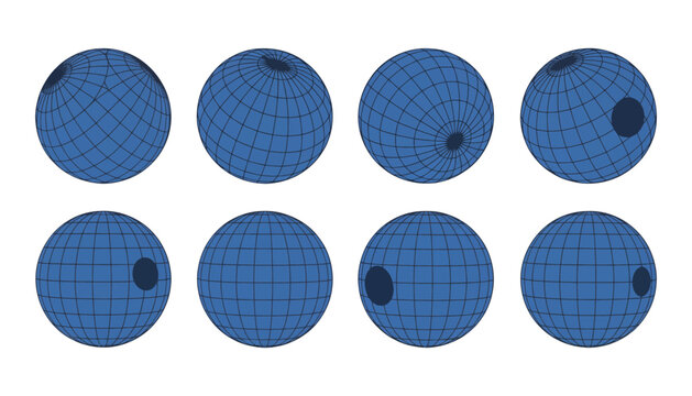 Globe sphere grid map icons set in multiple angles
