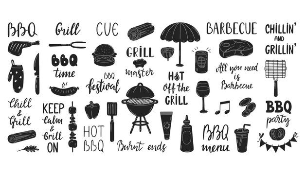 Bbq party doodle set hand drawn grill barbecue elements