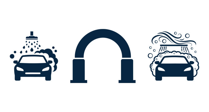 Car wash tunnel and cleaning station icons set