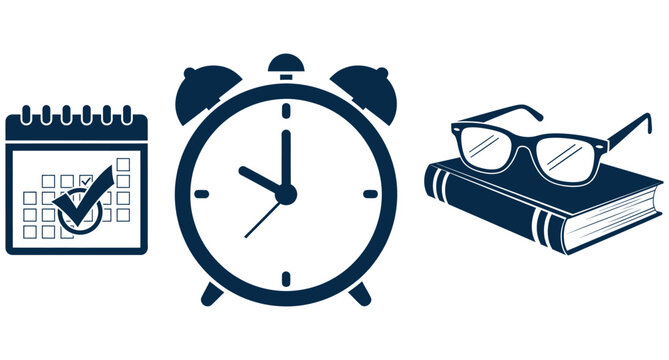 Alarm clock calendar and reading glasses icons set