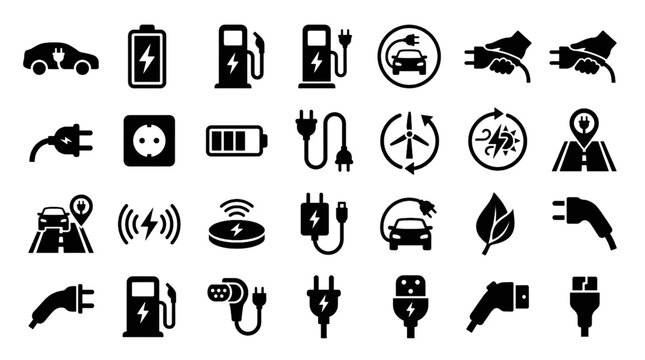 Electric Vehicle Charging Icons Set EV Power Plug and Socket Vector Graphics Energy Connection Symbols