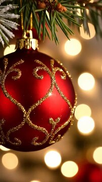 Red Christmas ornament featuring a gold lattice glitter design.