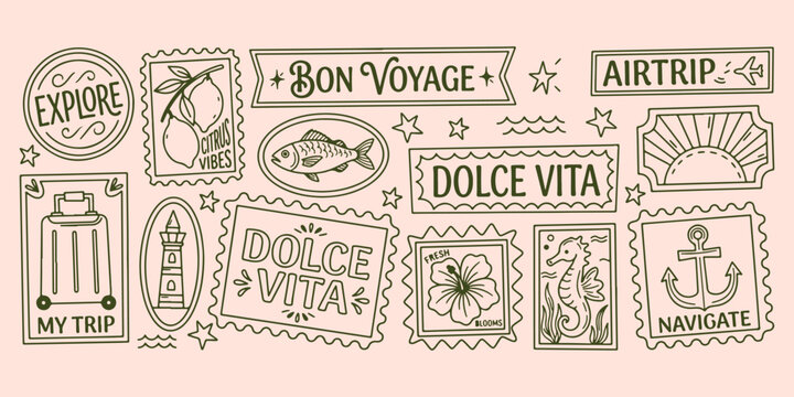 Bon voyage travel pattern, vacation trip background, international journey design, passport stamp illustration, adventure world wallpaper, luggage travel texture, tourism explore graphic, travel stamp