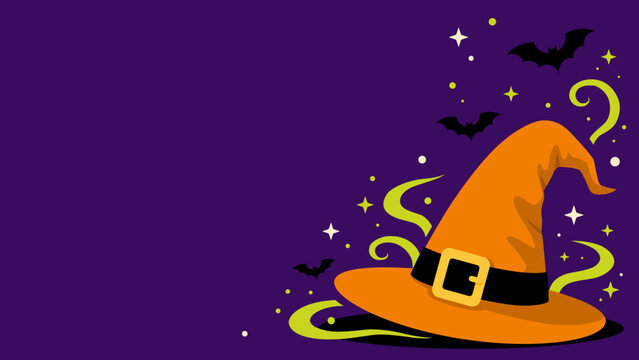 Purple background, orange witch hat, black belt, gold buckle. Green swirls, bats, stars, question marks float nearby. Mysterious, magical, Halloween-themed illustration. Perfect for festive, spooky