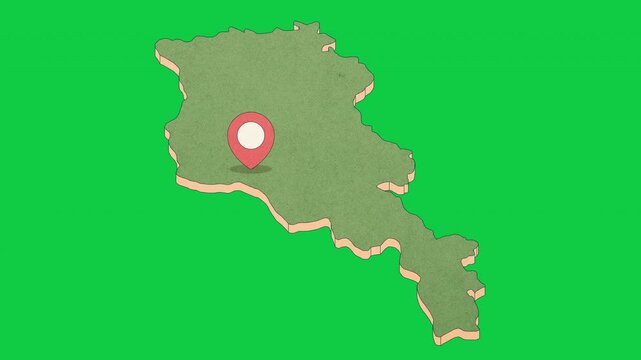 Animated Armenia Map with Bouncing Location Marker on Yerevan City, Transparent Background, Alpha Channel, 4K resolution