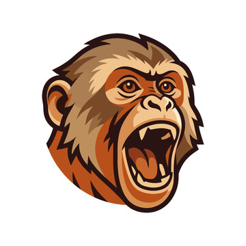 Bold roaring monkey head with fierce expression on white background