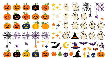 Fototapeta premium Vibrant Arrangement of Halloween Icons and Symbols Featuring Ghosts Pumpkins and Spiders