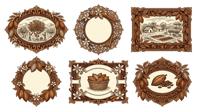 A collection of ornate vintage-style frames and labels with botanical cocoa and almond illustrations sepia toned artwork