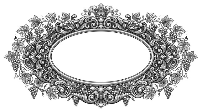 Elegant grape vine framed oval border with intricate ornate baroque style decoration rich detailed engraving