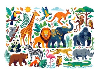Obraz premium Diverse wildlife animals collection jungle habitat illustration
