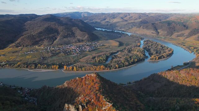 Flight over Danube meander in Wachau valley near Durnstein, Austria.