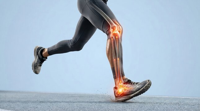 Runner captures high-impact athletic motion with an orange glow radiating from the lower leg joints to visualize stress points on the skeleton during a continuous fast running exercise on a track.