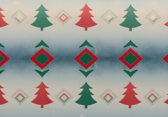 Obraz premium Seamless pattern of abstract Christmas trees and geometric rhombus shapes in festive red and green. A foggy, overcast winter morning, muted colors.