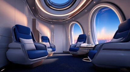 Obraz premium Serene luxury travel experience in a modern aircraft cabin with stunning panoramic windows