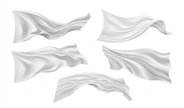 Set of blank white flags and flowing fabric banners waving isolated on white background mockup
