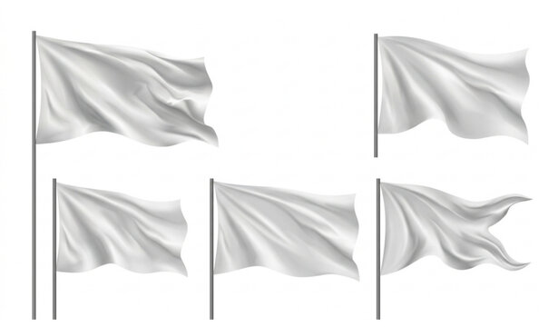​Set of blank white flags and pennants waving on poles isolated on white background mockup template