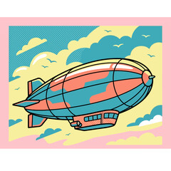 A colorful retro blimp flies through a stylized cloudy sky © sani