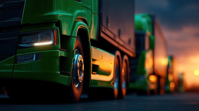 Modern green heavy duty trucks lined up at sunset, emphasizing efficient freight transportation