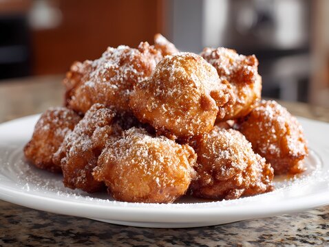 Crispy Zeppole Delight: A tantalizing pile of freshly fried zeppole, dusted with a delicate snowfall of powdered sugar, sits invitingly on a white plate.