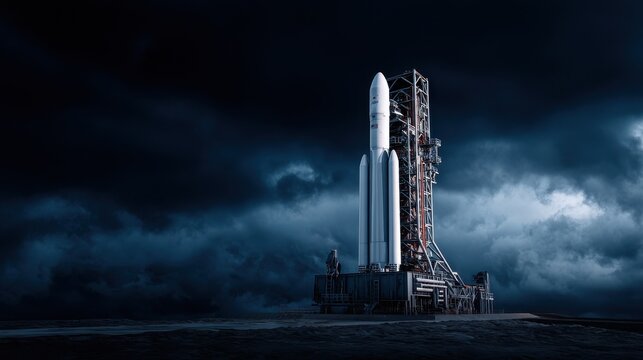 Giant spacecraft with launch tower under stormy night sky, awaiting ambitious space mission.