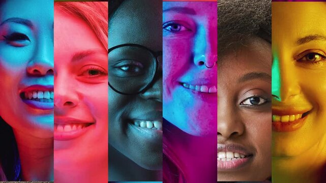 Smiling diverse faces in bright vertical color collage. Concept of inclusive brand campaigns, healthcare outreach, community ads, HR materials and social media banners.