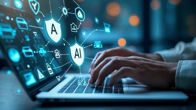 AI Safety and Ethics Concept. Typing on a laptop surrounded by digital icons; AI shields, warning signs, and checkmarks. Ethical guidelines and safety protocols in artificial intelligence sy. doodle