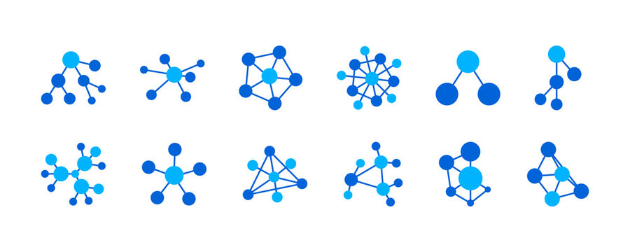 glyph dual collor icon Set of abstract network icons representing business connection, atom structure, relationship, and data nodes. 