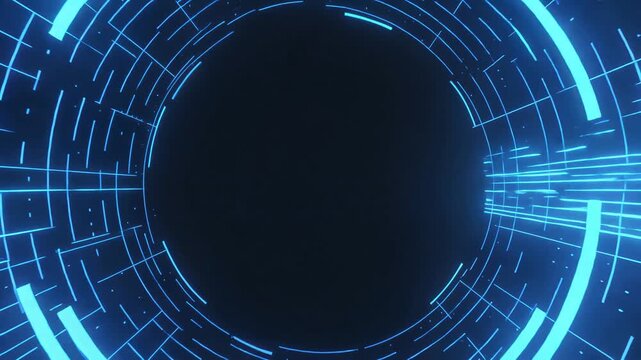Abstract futuristic tunnel with glowing blue light streams and dynamic forward motion. Modern digital background suitable for business, communication, innovation, technology and presentation projects.
