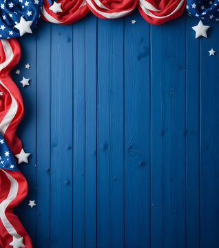 Vibrant adobe stock image of a blue wooden wall adorned with American flag ribbons and stars