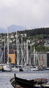 View of sailboats moored in the harbor with historic colorful warehouses and hillside houses under a cloudy sky in Trondheim, Trondelag, Norway.