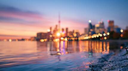 Fototapeta premium A wide shot of a sweeping calm city skyline glowing softly across the bright water from a distant viewpoint city skyline faceless scene softly defocused backdrop bright