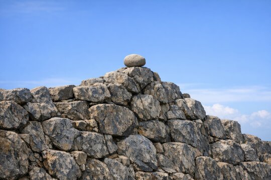 A stone wall with a rock placed at the top, simple and rustic structure