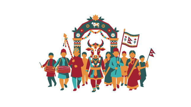 Vibrant Illustration of Traditional Gai Jatra Festival Procession in Nepal