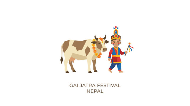 Vector Illustration of Traditional Nepalese Gai Jatra Festival Featuring Boy and Holy Cow