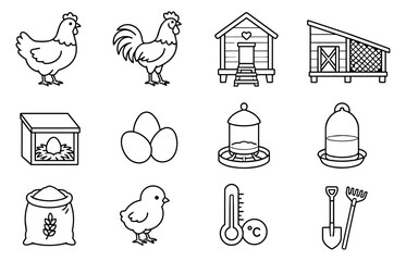 Chicken Farming and Chicken Coop Line Art Icon Set Collection © Mediasegment