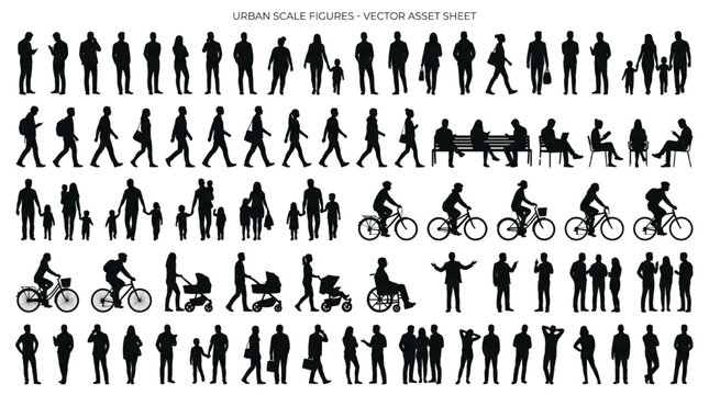 Essential CAD vector silhouettes diverse urban scale figures for architectural designs, showing human presence