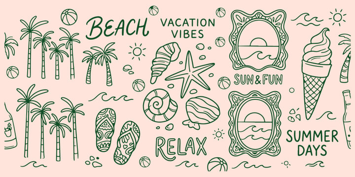 Beach vacation summer pattern, sea holiday relaxation background, tropical summer design, sun sand ocean illustration, travel trip wallpaper, coastal beach texture, vacation mode graphic, summer fun e