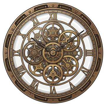 Vintage steampunk clock with bronze gears and roman numerals