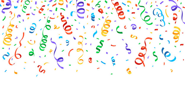 Carnival confetti holiday background, birthday party, anniversary and fiesta event bg. Bright festive backdrop with falling curly serpentine streamers. Border with paper ribbons cascading from the top