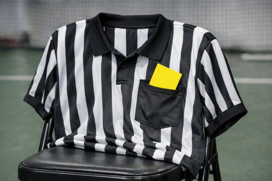 A referee's shirt sits atop a chair, perfect for a sports-themed decor or prop