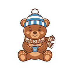 Adorable Bear Cub Wearing Winter Hat and Scarf Drinking Cocoa © sunan