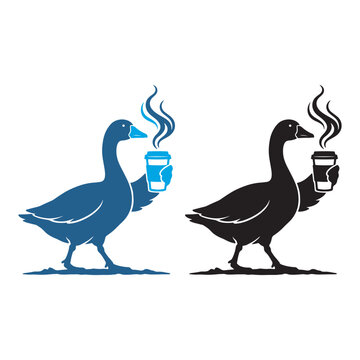 Goose coffee logo vector illustration minimalist gander holding hot tea cup icon set