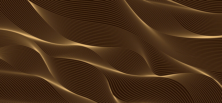 Luxury golden stripe waves background, elegant wavy guilloche lines flow pattern. Gold shiny stripe, luxury premium waves swoosh texture. Golden line fluid background or guilloche backdrop