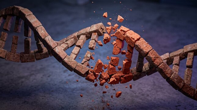 Broken DNA molecule made of bricks, representing genetic mutation, damaged code, or heredity problems