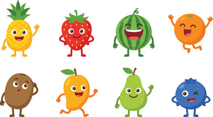 Obraz premium Cute Cartoon Fruit Characters Collection with Smiling Tropical and Fresh Fruits