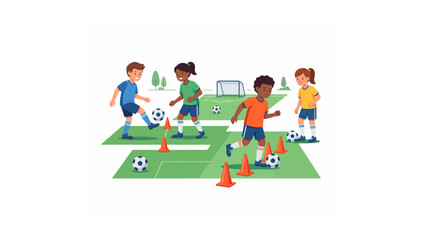 Fototapeta premium Young soccer players practicing dribbling skills on a green field with cones