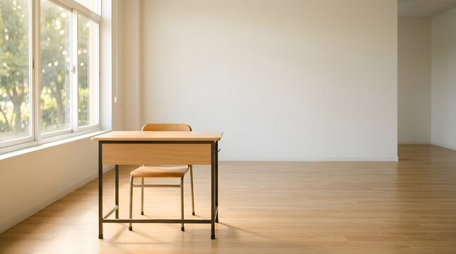 Bright, minimalist empty classroom with a solitary desk and chair by a window, perfect for quiet learning and individual education, symbolizing a future of simplicity and growth