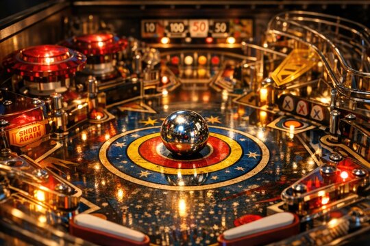 A colorful pinball machine lit up from inside with bright lights and flashing patterns