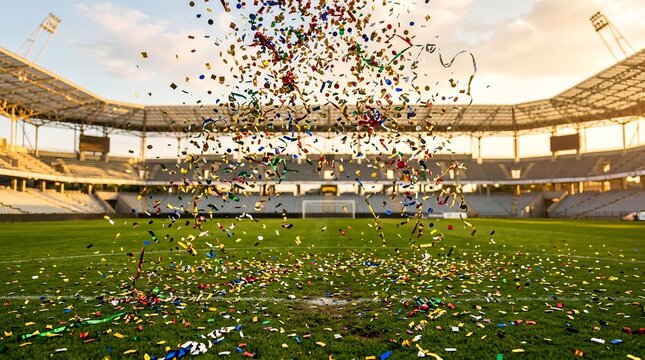 Confetti falling on a soccer field at a stadium